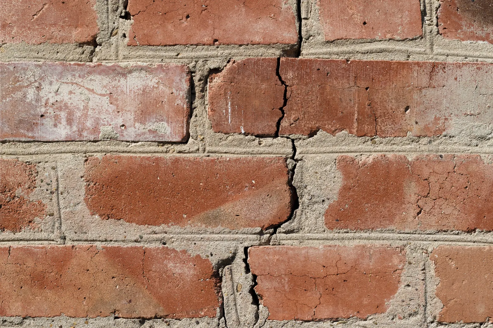 Een scheur die door het metselwerk van een bakstenen muur loopt