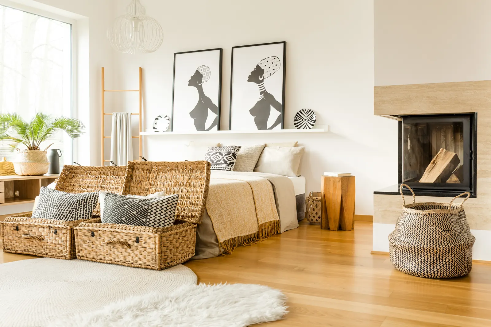 Een slaapkamer met een bed en een haard in de wand